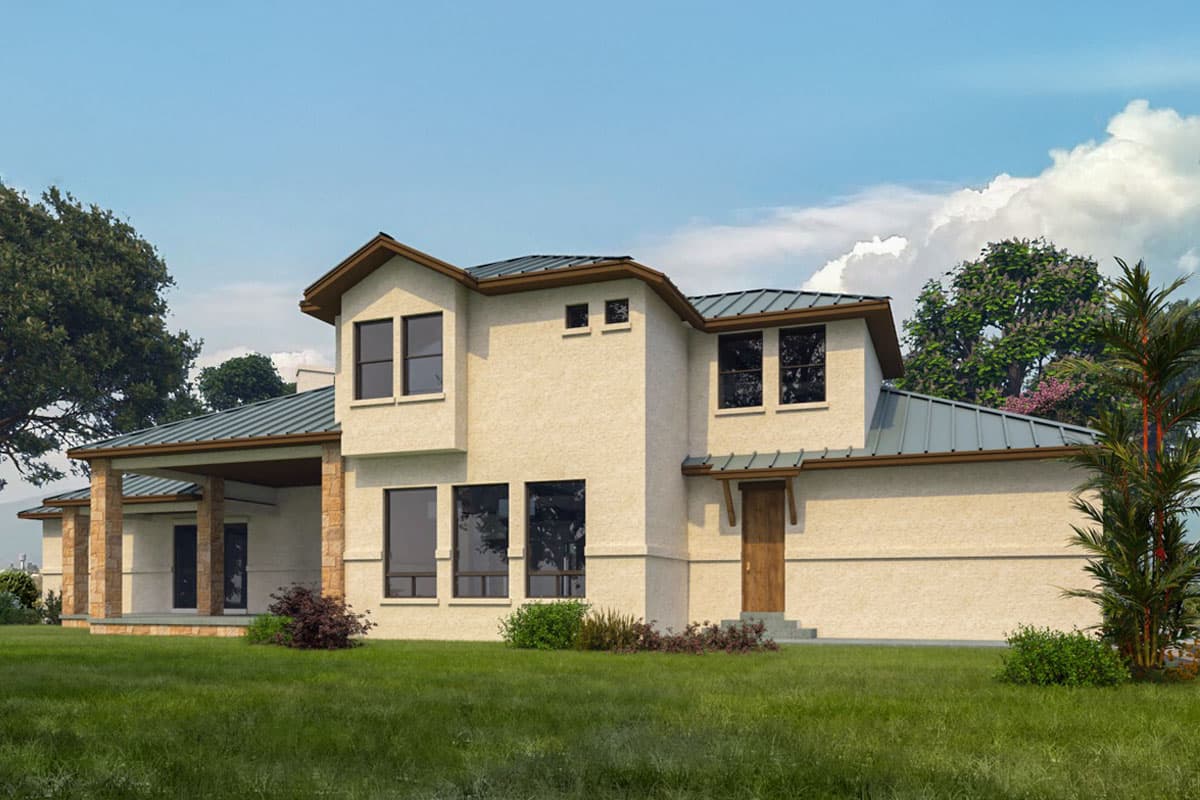 House plan exterior of a two-story stucco home with a metal roof, covered porch with stone pillars, and multiple gables.