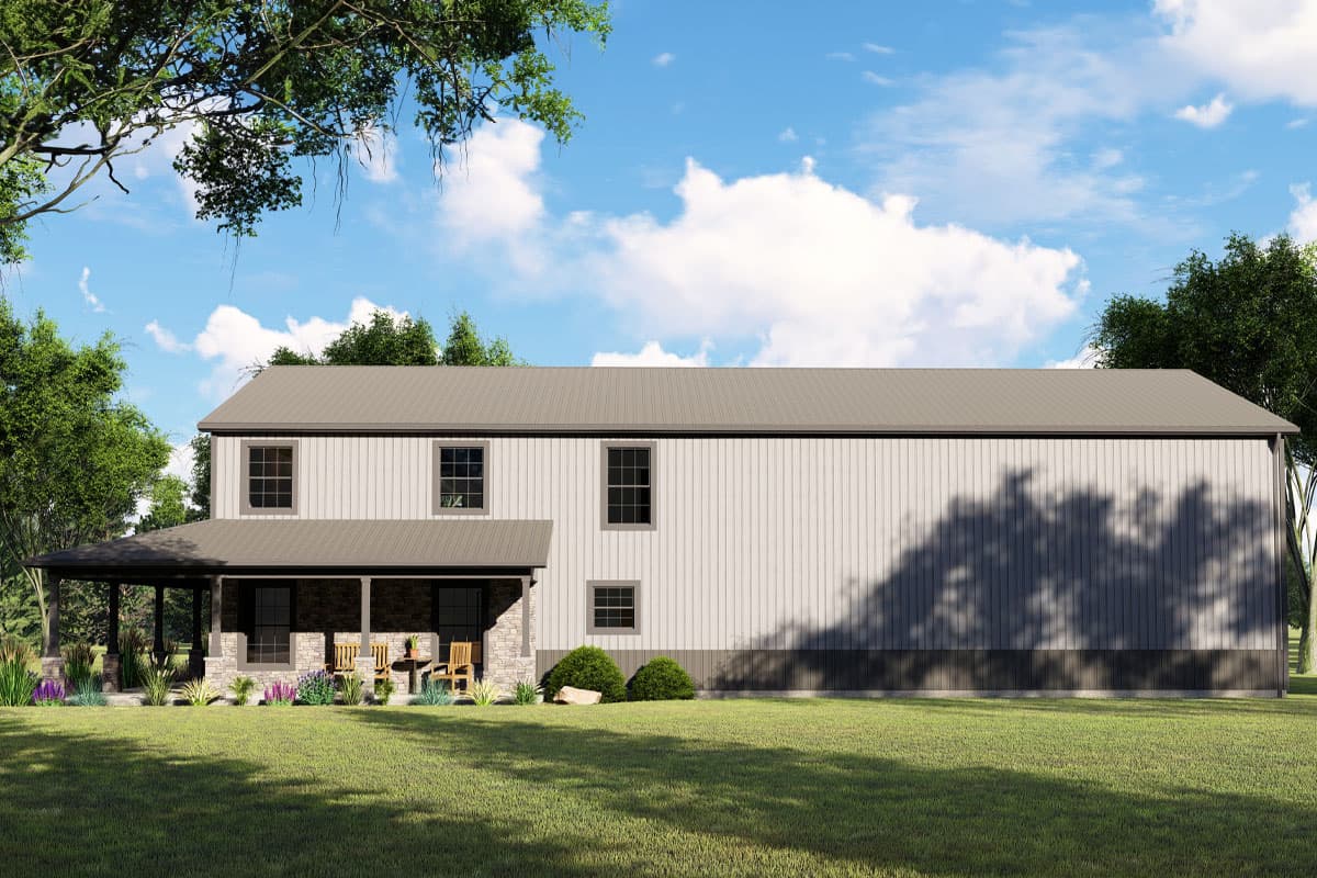 House plan exterior: Two-story, light-colored vertical siding, gable roof, covered porch with stone accents.