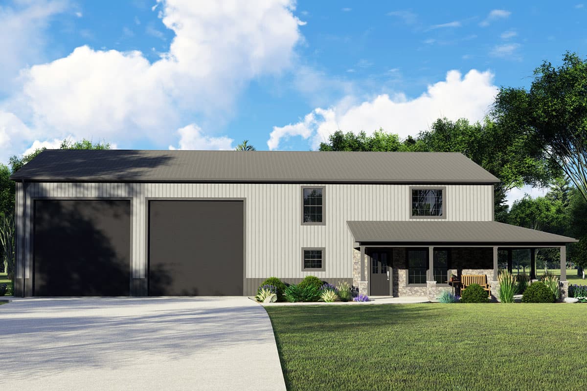 House plan exterior. Two-story building with a metal roof, two-car garage, and a covered porch with stone columns.