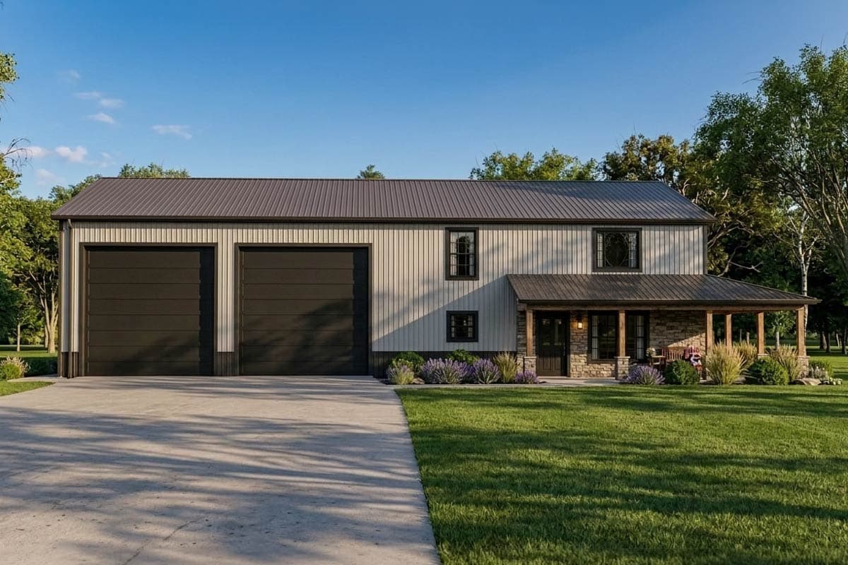 House plan exterior. Two-story building with a metal roof, two-car garage, and a covered porch with stone columns.