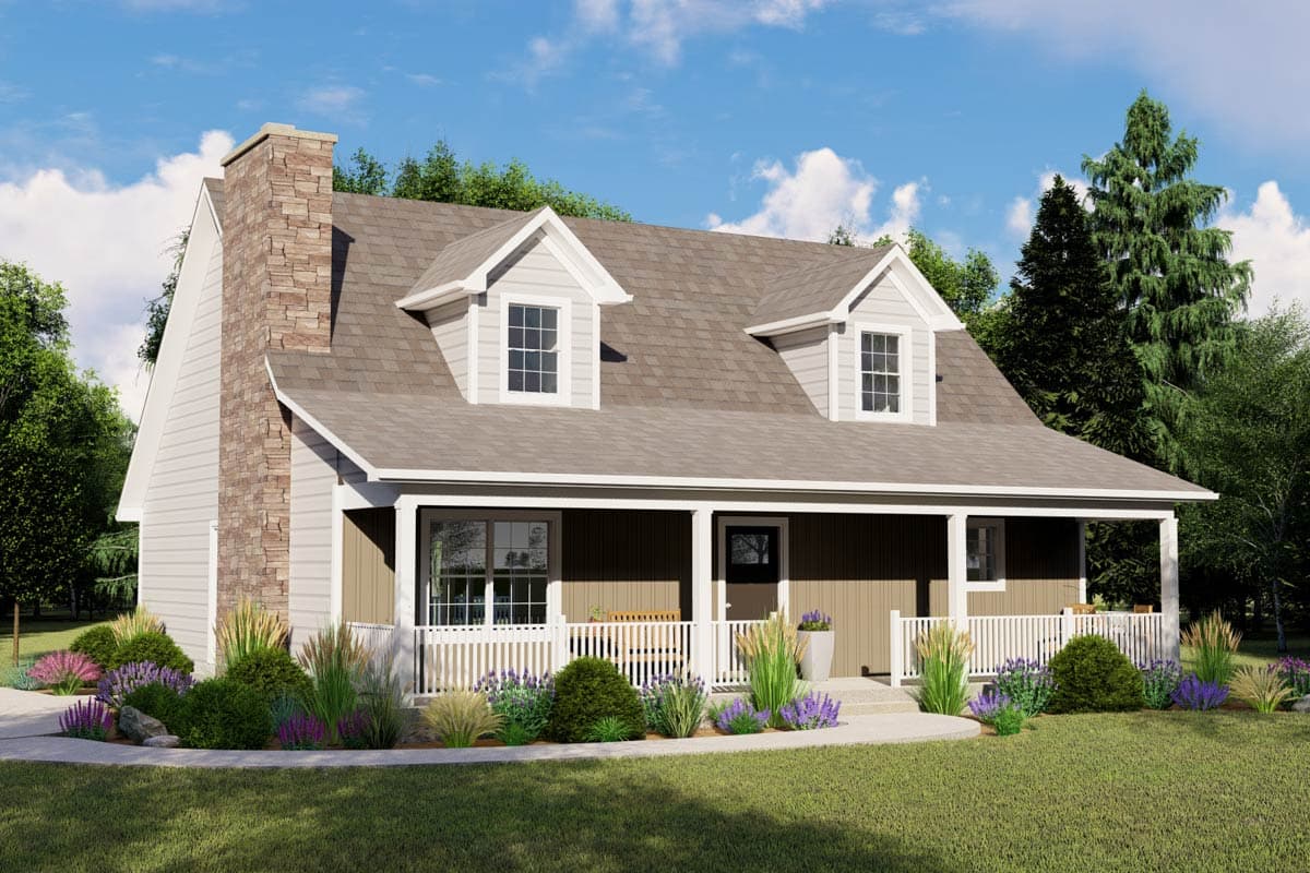 House plan exterior. Two-story, farmhouse-style home with a front porch, two dormers, and a stone chimney.