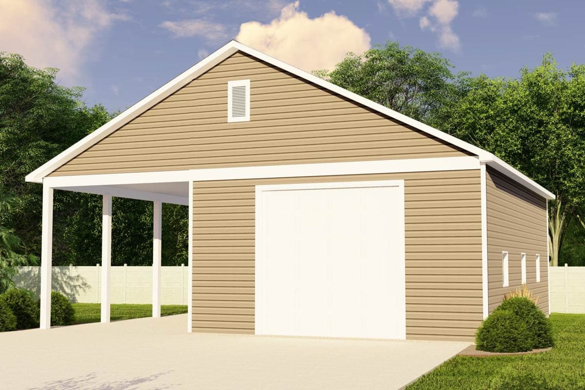 House plan exterior. One-story structure with gable roof. Includes a carport, rectangular vent, and garage door.
