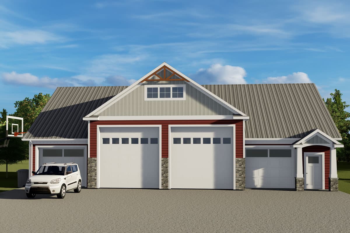 House plan exterior with two-story garage in a gable roof. Features include stone accents, multiple garage doors, and a small entry porch.