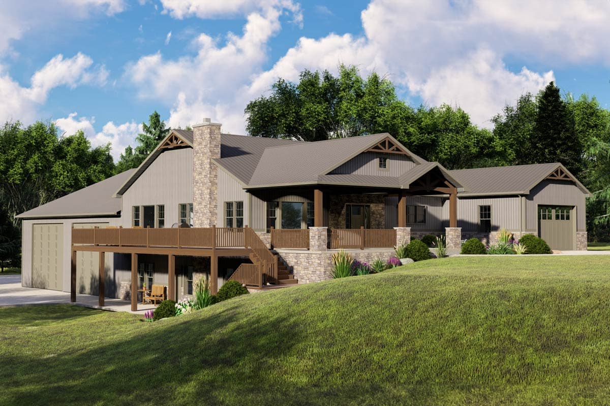 House plan exterior. Two-story, farmhouse-style home with a covered porch, gabled roof, stone chimney, and attached garage. Includes a deck.