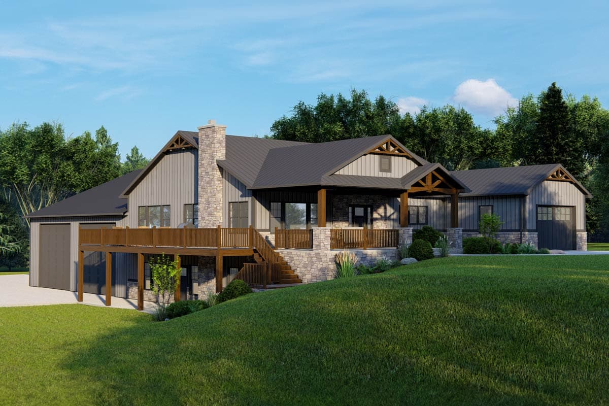 Modern Farmhouse house plan exterior with gabled roof, stone chimney, covered porch, deck, and attached garage.