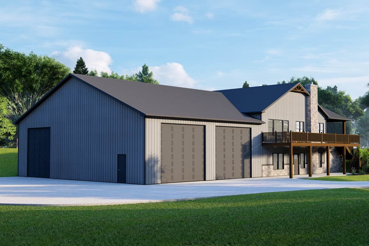House plan exterior with three garage bays, vertical siding, a raised deck, and a stone chimney.