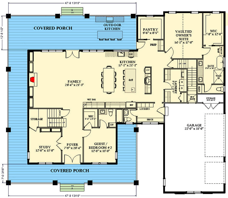 Plan 46522LA: Country Farmhouse Plan with 3-Car Garage and 4 Bedrooms - 4058 Sq Ft - Floor Plan - Main Level - Country, Farmhouse