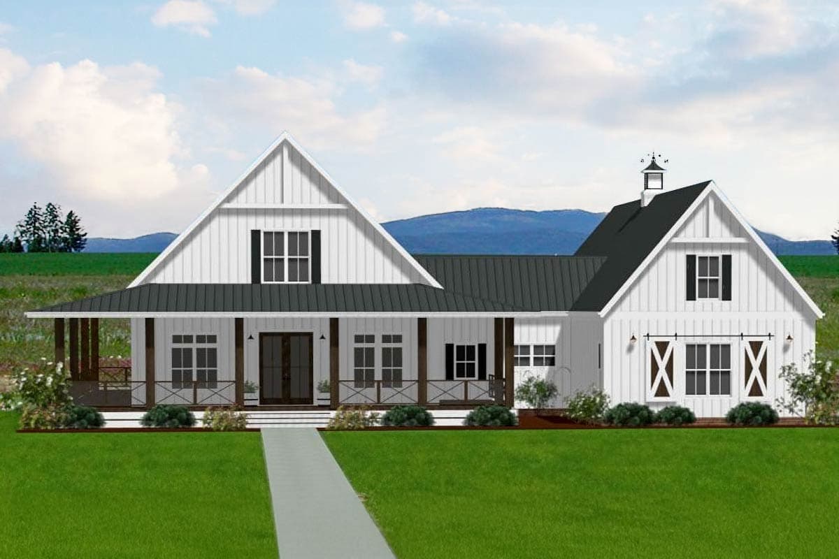 House plan exterior: Modern farmhouse style, one story, with a covered porch, gable roof, and decorative shutters.
