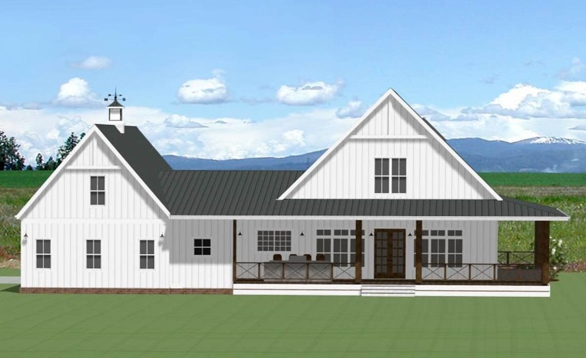 Modern Farmhouse house plan exterior with prominent gables, a large wraparound porch, and board and batten siding.