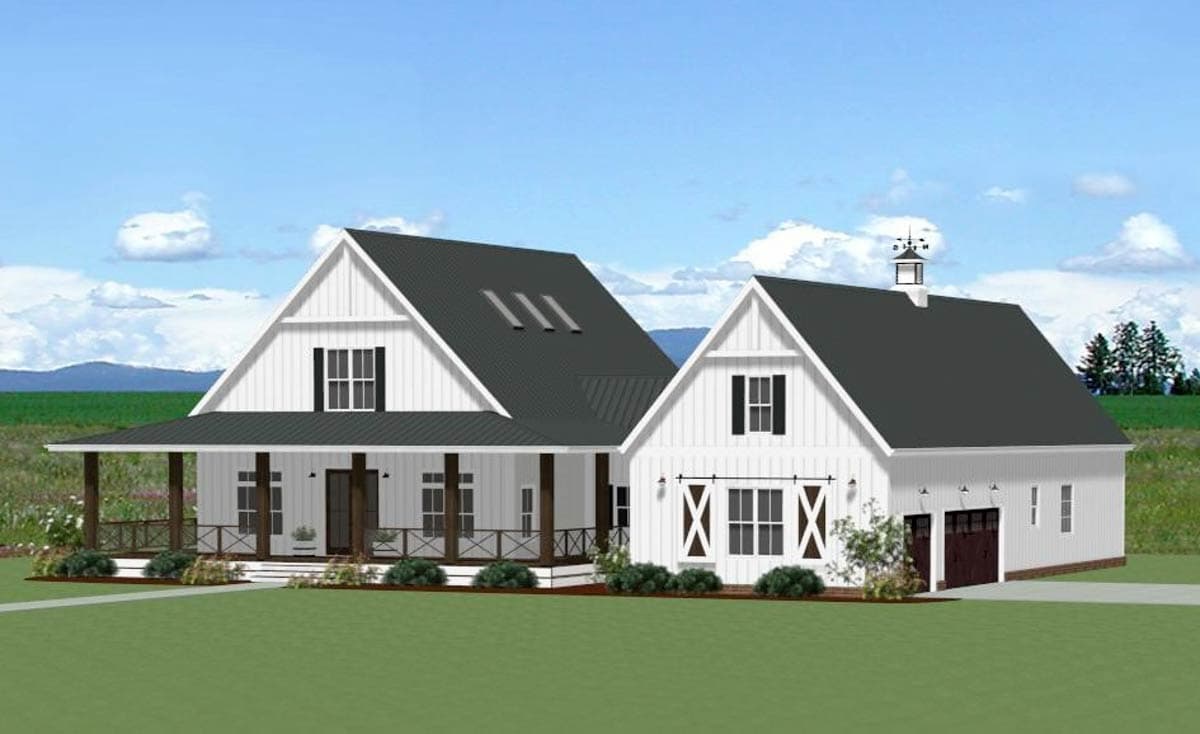 Modern Farmhouse house plan exterior, 1.5 stories, wrap-around porch, metal roof, and attached two-car garage.
