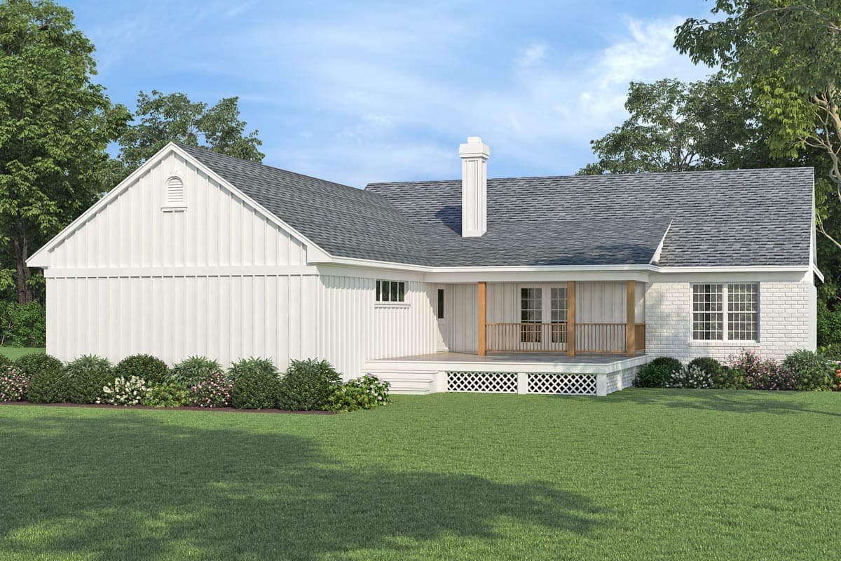 House plan exterior: Ranch style with board and batten siding, gable end vent, partial brick facade, and covered porch.