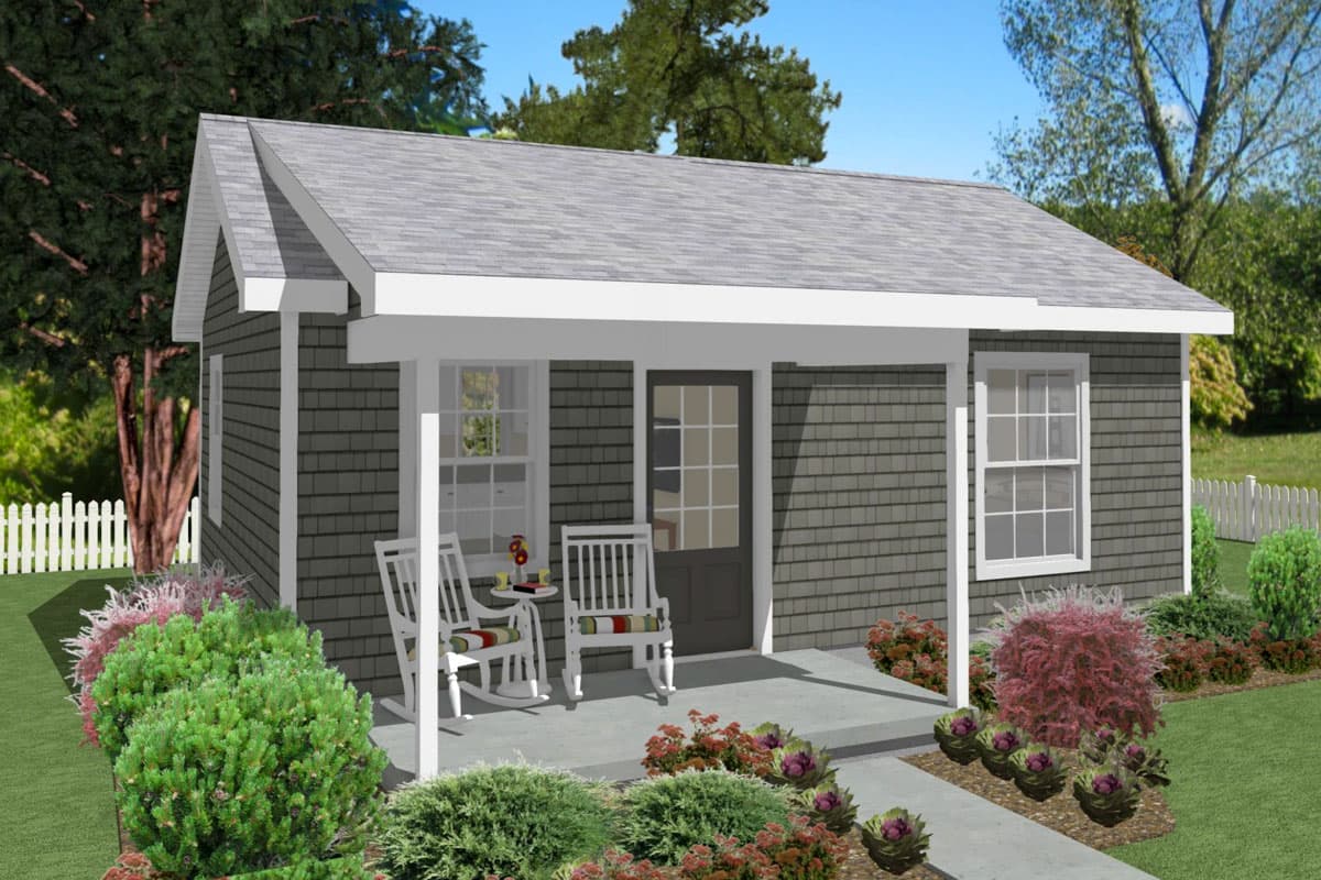 House plan exterior: Single-story cottage with front porch, gable roof, and shingle siding.