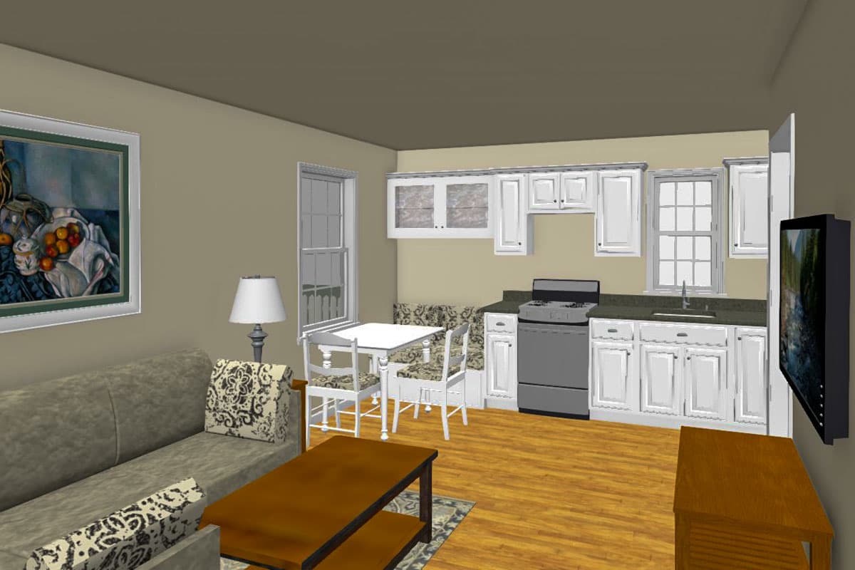 Plan 560024TCD: 1-Bed Country Cottage House Plan with L-Shaped Kitchen - 450 Sq Ft - Image #7 - Cabin, Cottage, Country, Traditional, Vacation