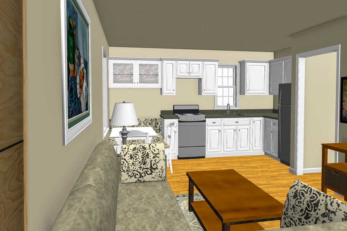 Plan 560024TCD: 1-Bed Country Cottage House Plan with L-Shaped Kitchen - 450 Sq Ft - Image #6 - Cabin, Cottage, Country, Traditional, Vacation