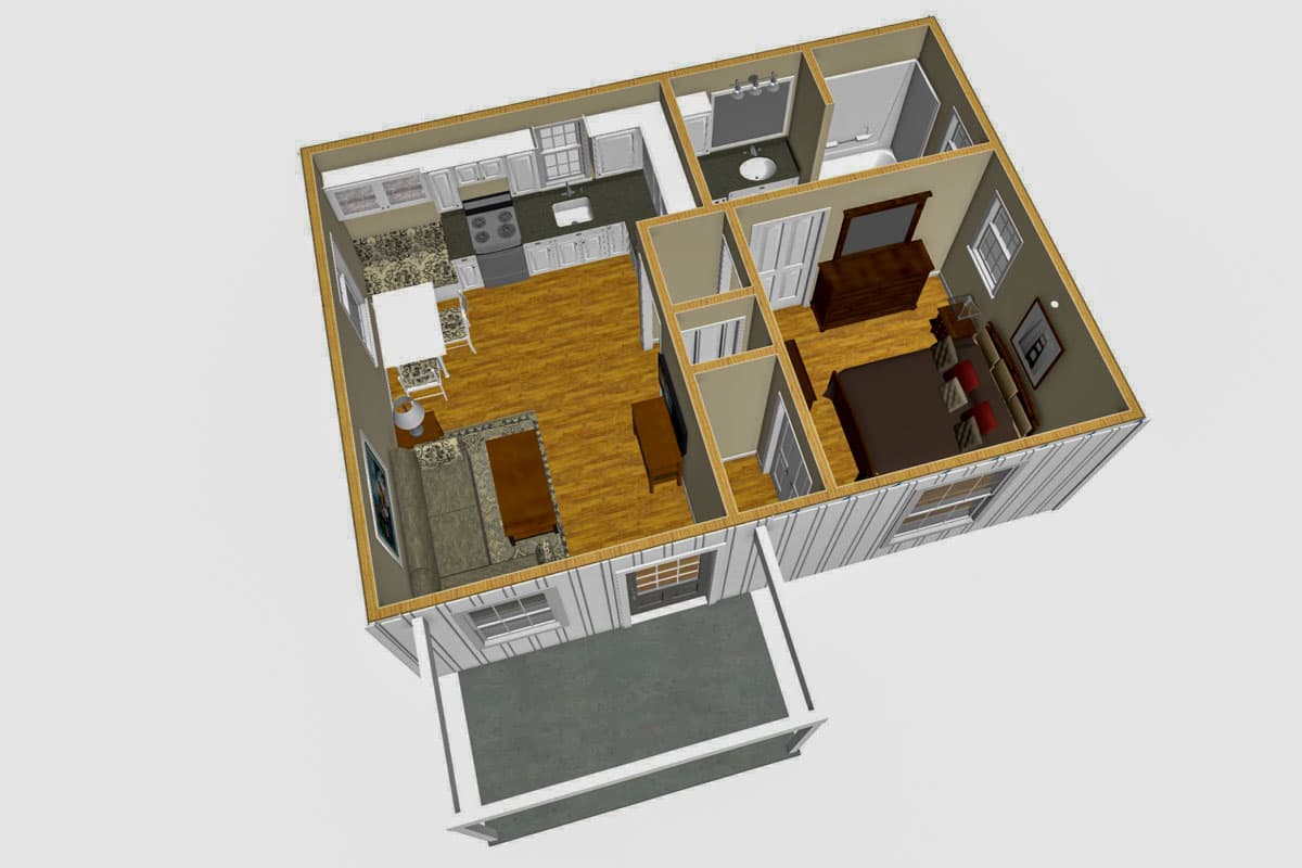 Plan 560024TCD: 1-Bed Country Cottage House Plan with L-Shaped Kitchen - 450 Sq Ft - Image #10 - Cabin, Cottage, Country, Traditional, Vacation