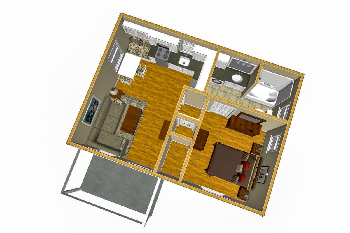 Plan 560024TCD: 1-Bed Country Cottage House Plan with L-Shaped Kitchen - 450 Sq Ft - Image #9 - Cabin, Cottage, Country, Traditional, Vacation
