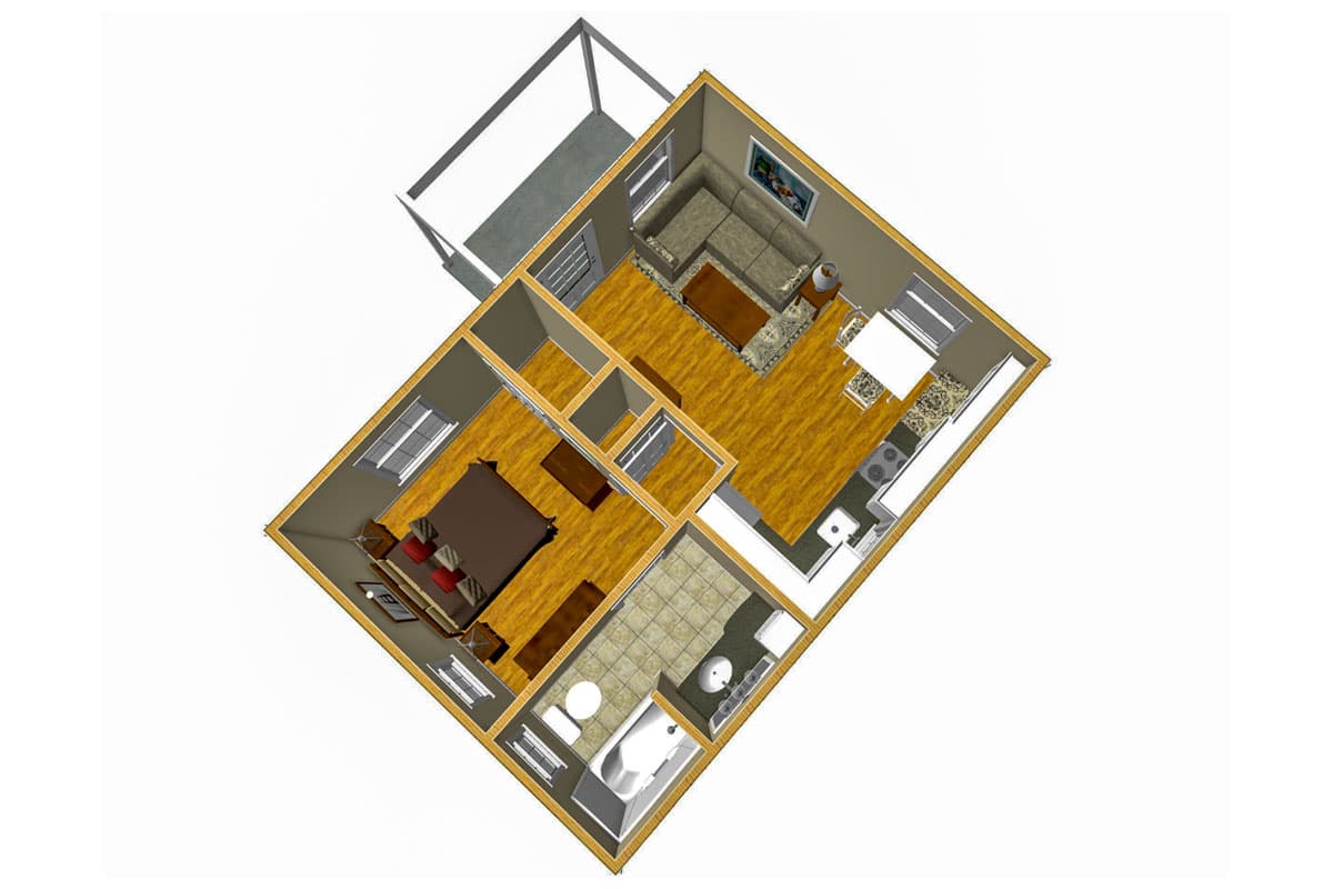 Plan 560024TCD: 1-Bed Country Cottage House Plan with L-Shaped Kitchen - 450 Sq Ft - Image #8 - Cabin, Cottage, Country, Traditional, Vacation