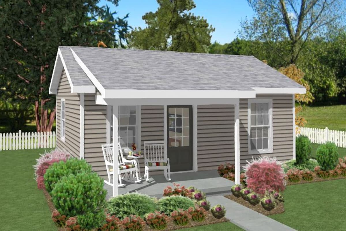 House plan exterior of a single-story cottage with a covered front porch, gable roof, and vinyl siding.