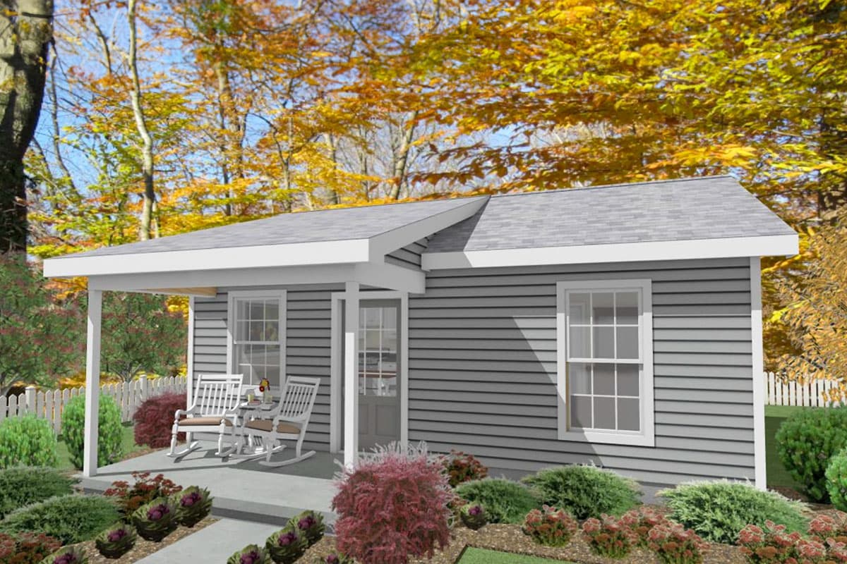 House plan exterior: Gable roof, covered porch with rocking chairs, vinyl siding, and double-hung windows.