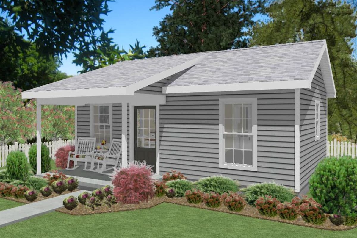 House plan exterior of a one-story home with a covered front porch, gabled roof, and horizontal siding.