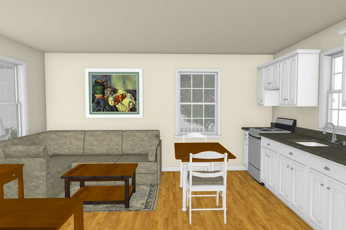Rendering of a living area and kitchen with sectional sofa, coffee table, dining table, and white cabinetry.