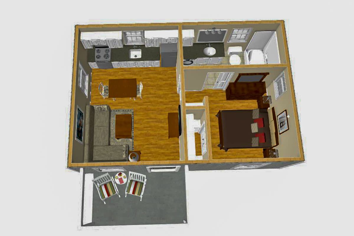 Floor plan showing kitchen, dining area, living room, one bedroom, and one bathroom with an exterior patio.