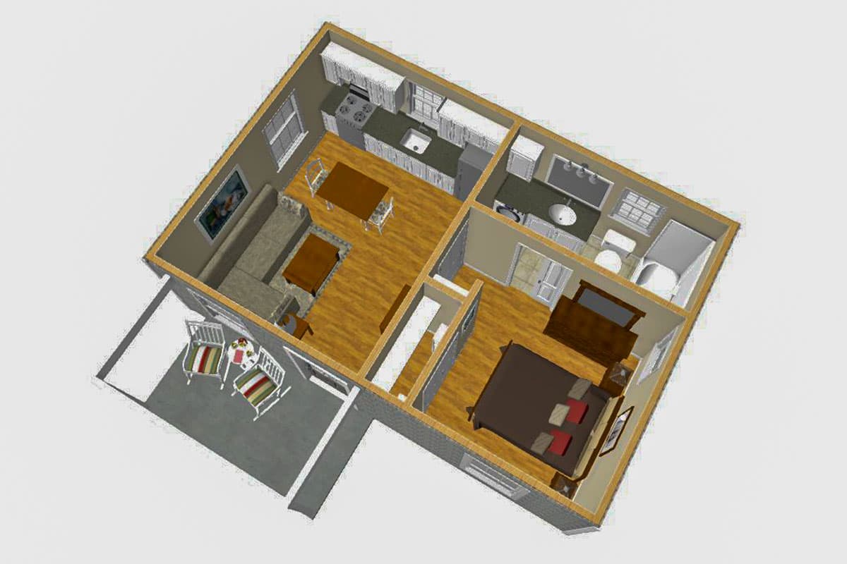 Floor plan showing living area, kitchen, bath, and bedroom with an exterior patio.