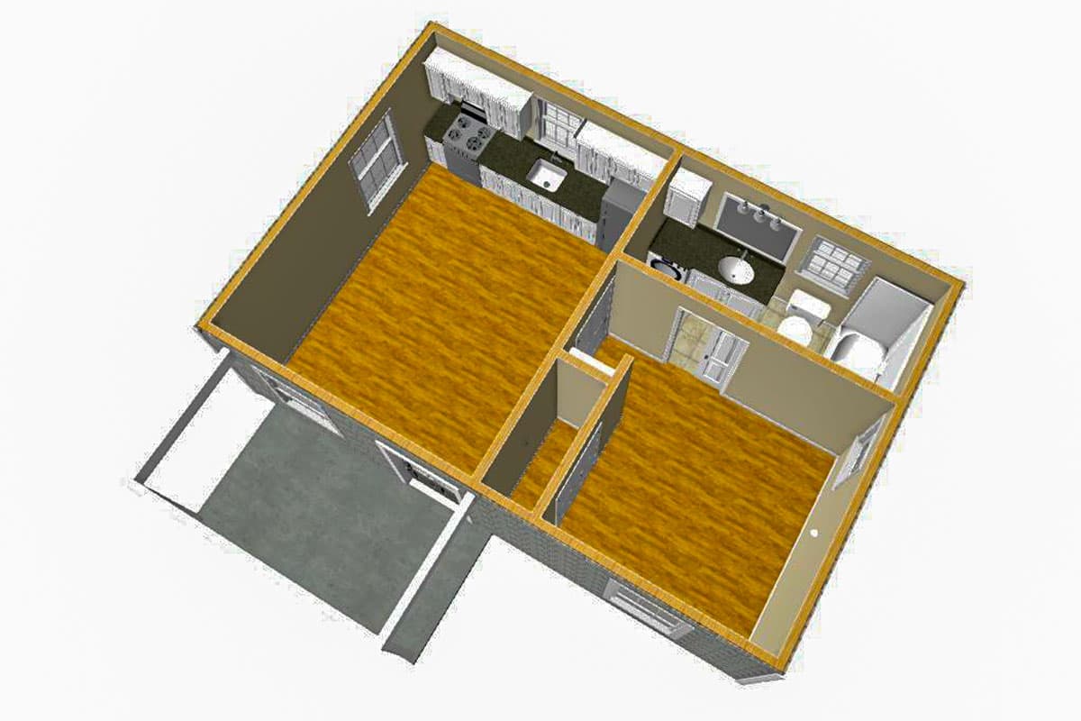 Architectural plan showing a kitchen with L-shaped counters and a bathroom with a tub. Includes living space and patio.