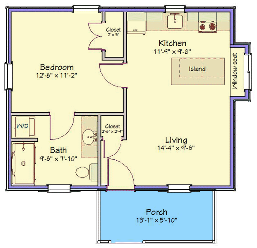 Plan 560026TCD: 1-Bed Country Cottage ADU Plan with Window Seat in Kitchen - 510 Sq Ft - Floor Plan - Main Level - Cabin, Cottage, Country, Traditional, Vacation