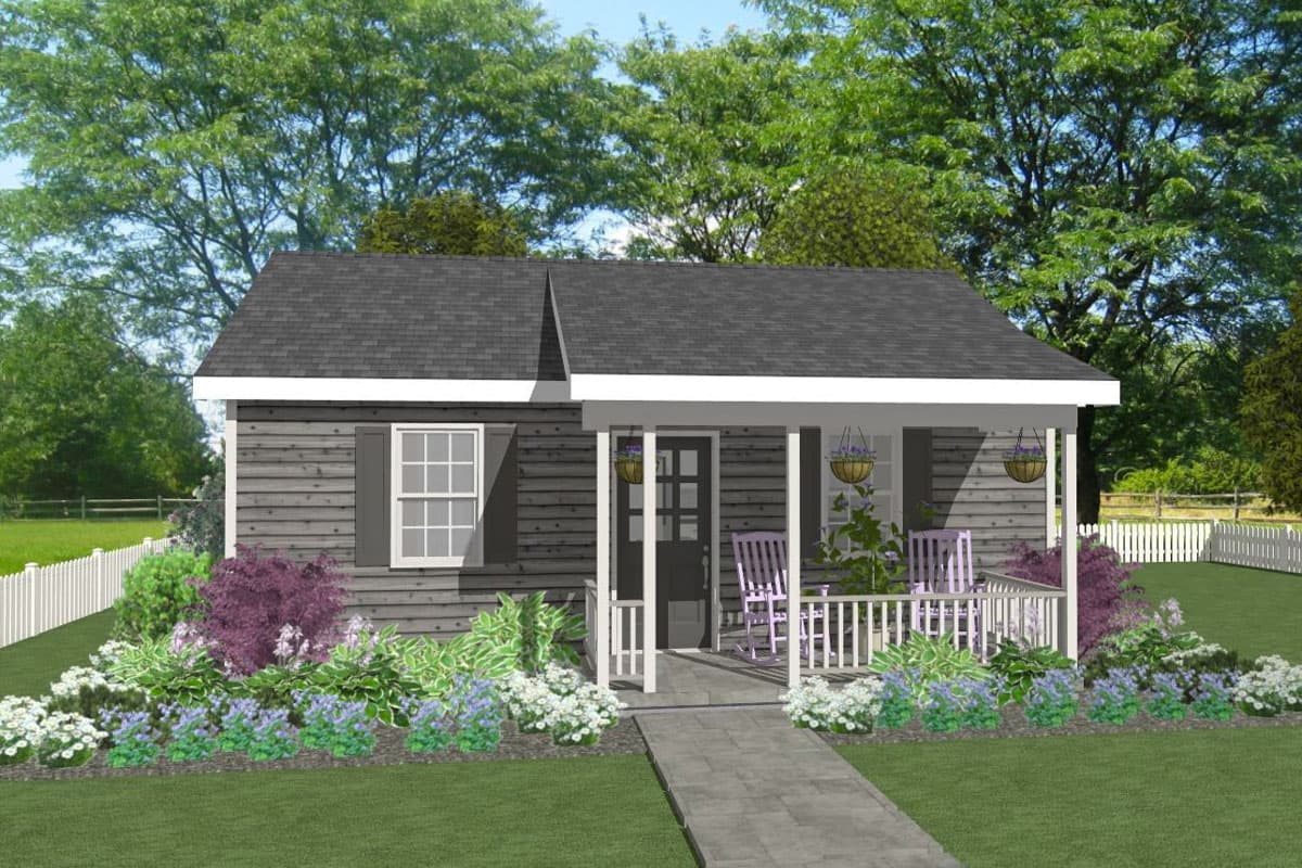 House plan exterior. One-story Cottage style with a front porch, gabled roof, and decorative shutters on the window.