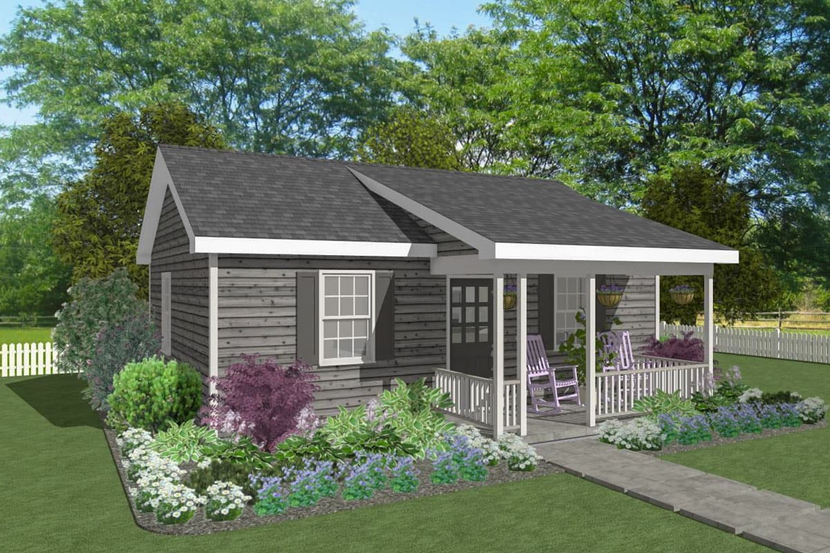 Cottage style house plan exterior, one story, with a covered front porch, gable roof, and horizontal siding.