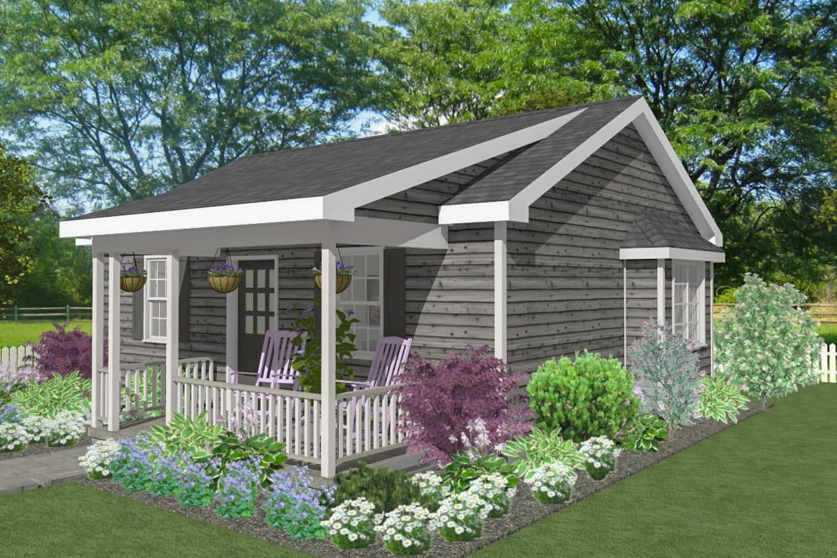 House plan exterior: One-story cottage with a covered front porch, gabled roof, and horizontal siding.