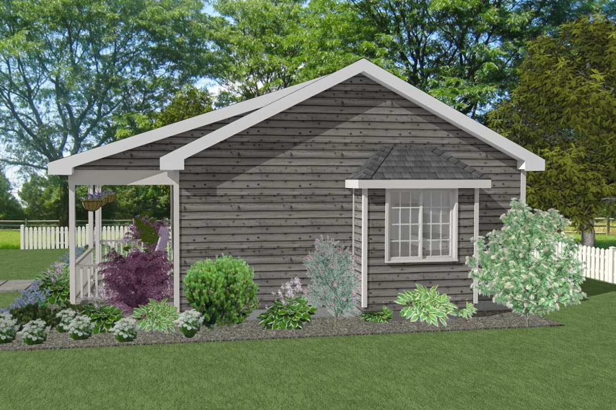 House plan exterior: Single-story home with horizontal siding, covered porch, and a bay window.