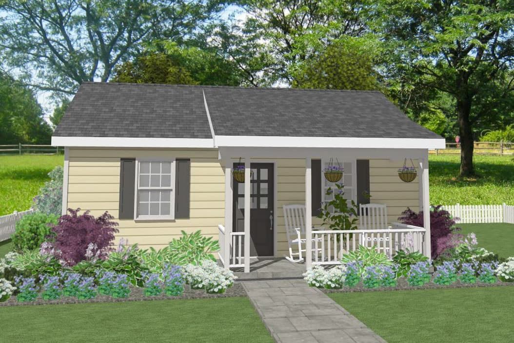 House plan exterior: Single-story cottage with a covered front porch, white railings, and shutters on the window.