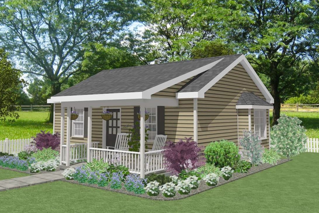 House plan exterior: One-story cottage with gabled roof, covered front porch with railing, and lap siding.