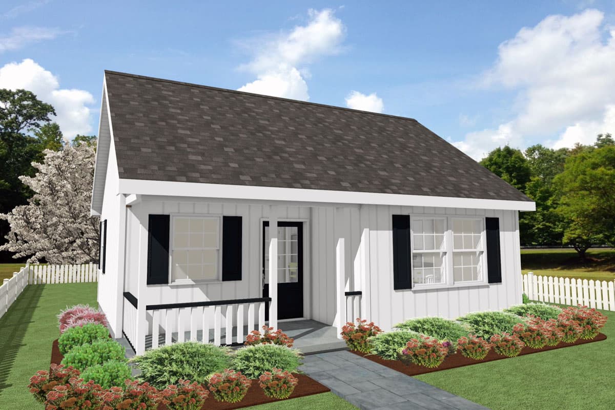 House plan exterior rendering. One-story Cottage style home with a gable roof, front porch, and black shutters on windows.