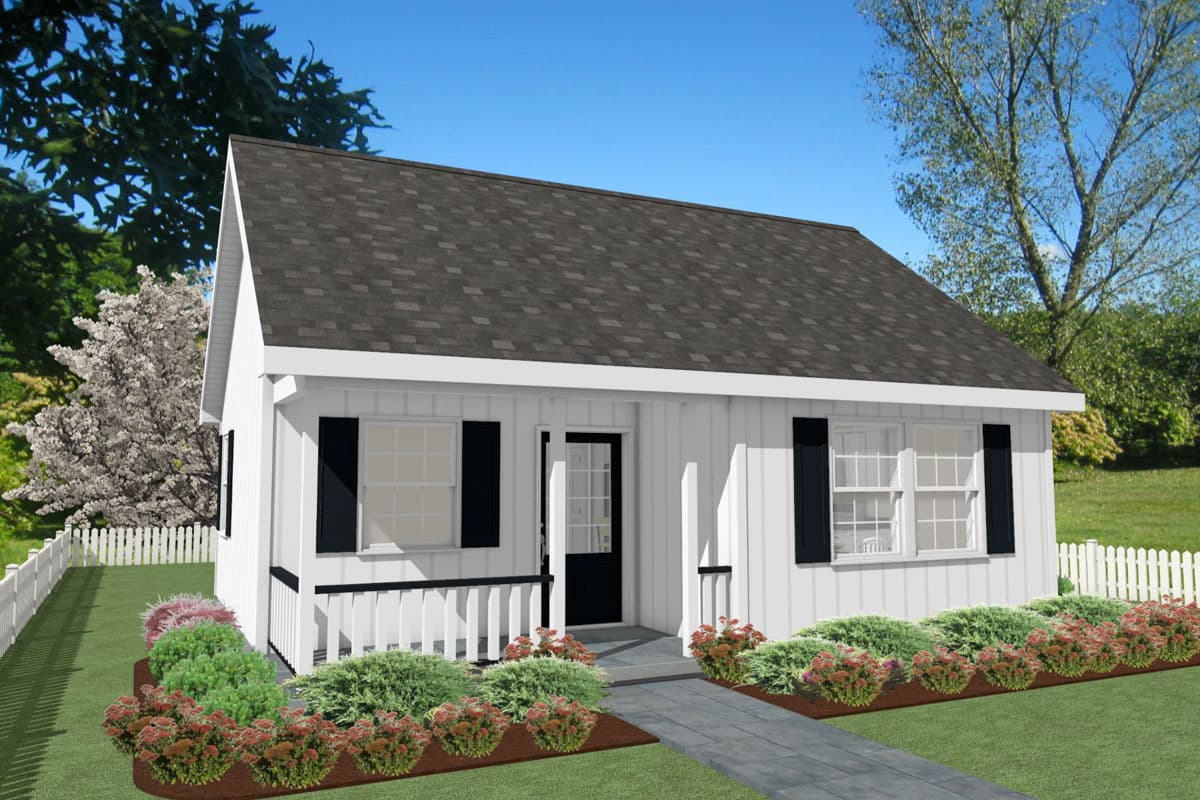 House plan exterior of a one-story home with a gable roof, front porch, and white picket fence.