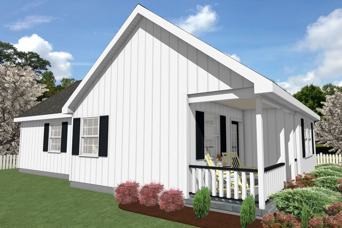 Modern Farmhouse house plan exterior with board-and-batten siding, prominent gable, and covered front porch with white railings.
