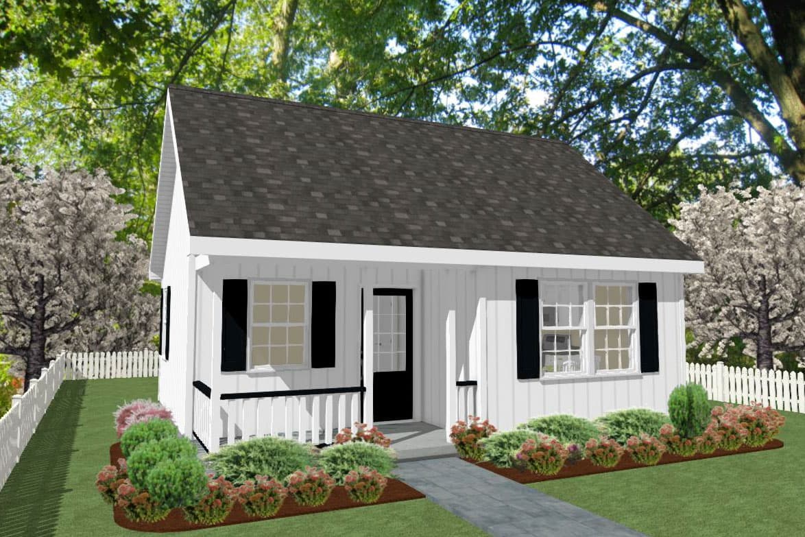 House plan exterior: One-story cottage with a covered porch, gabled roof, board-and-batten siding, and shutters.