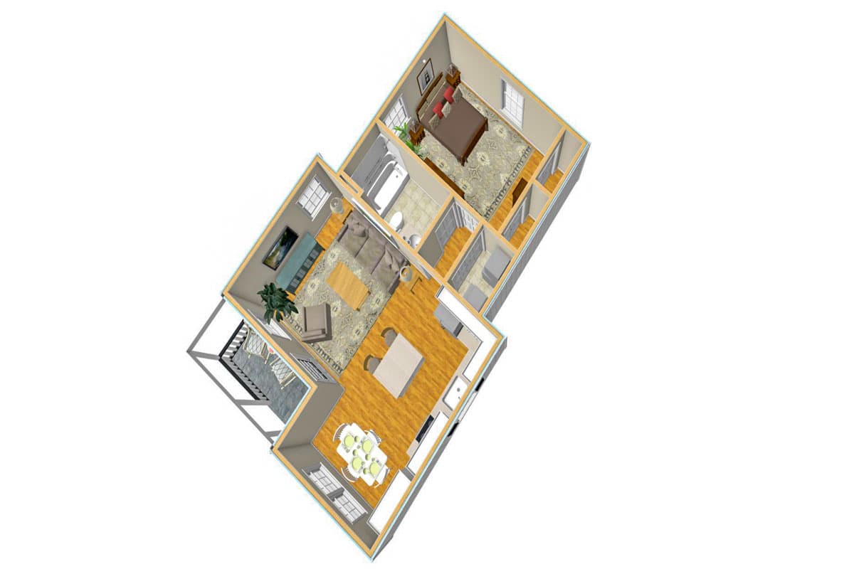 House plan rendering showing open living area with kitchen island, dining, and seating areas, plus primary bedroom and bath.