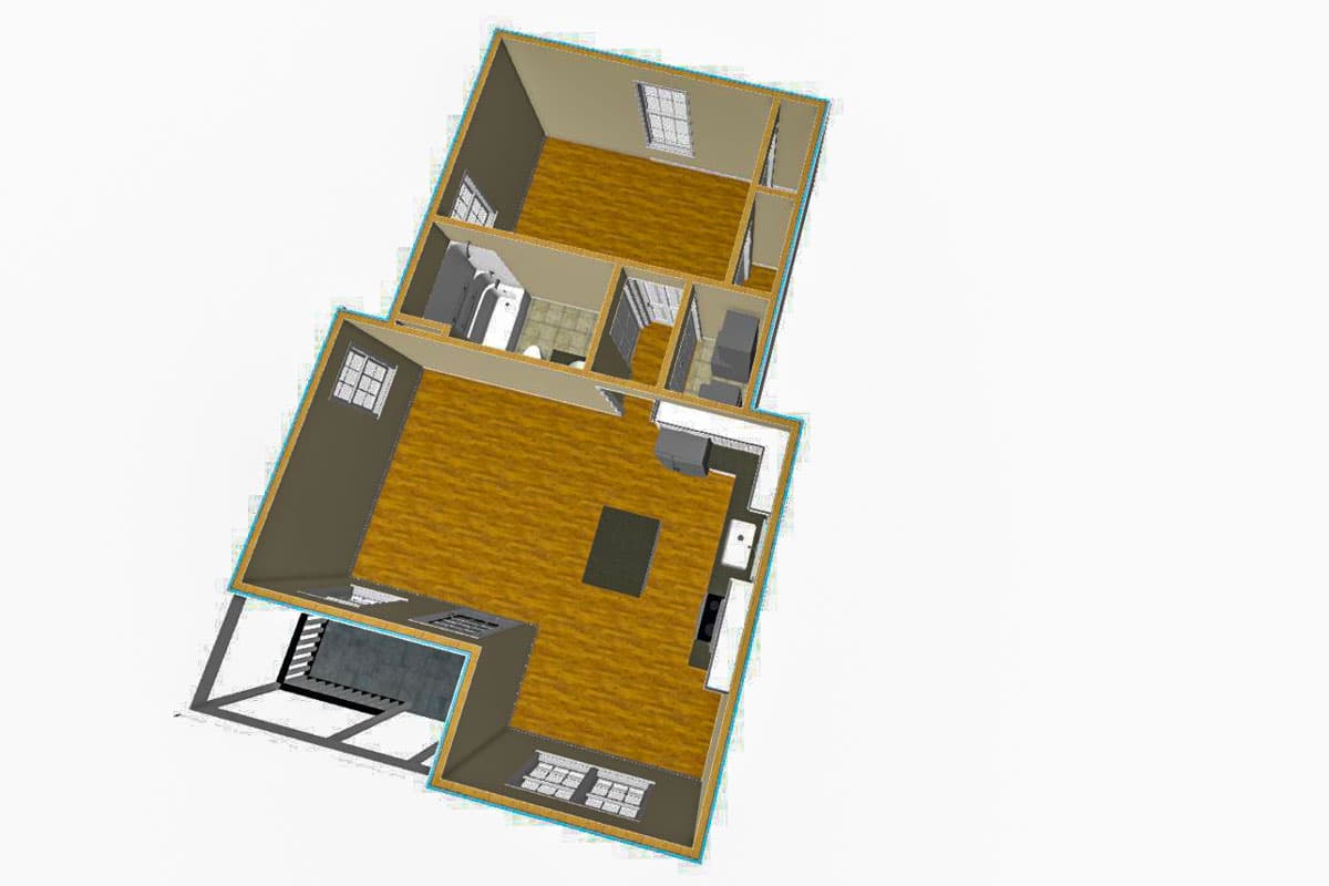 Floor plan showing open living area with kitchen island and fireplace, plus two bedrooms and bath.