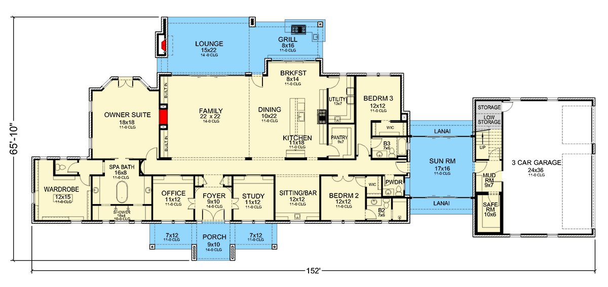 Plan 36707TX: 3-Bed Hill Country Ranch House Plan with Home Office and Sunroom - 4388 Sq Ft - Floor Plan - Main Level