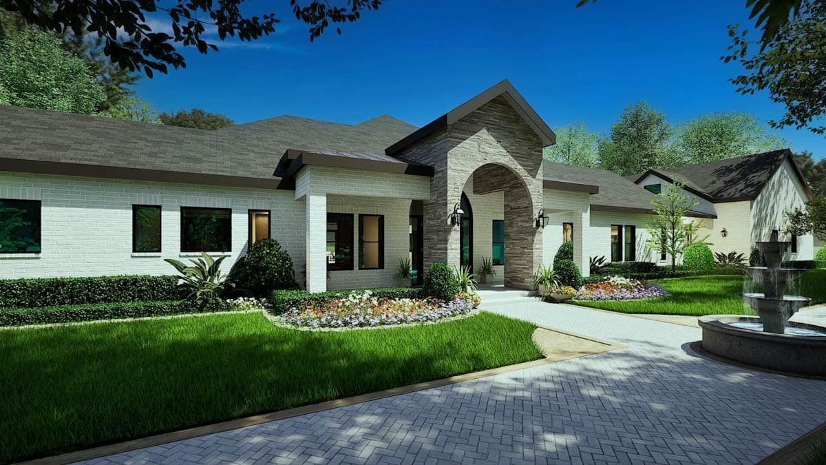 House plan exterior: Single-story home with white brick facade, arched stone entrance, dark-framed windows, and pitched rooflines.
