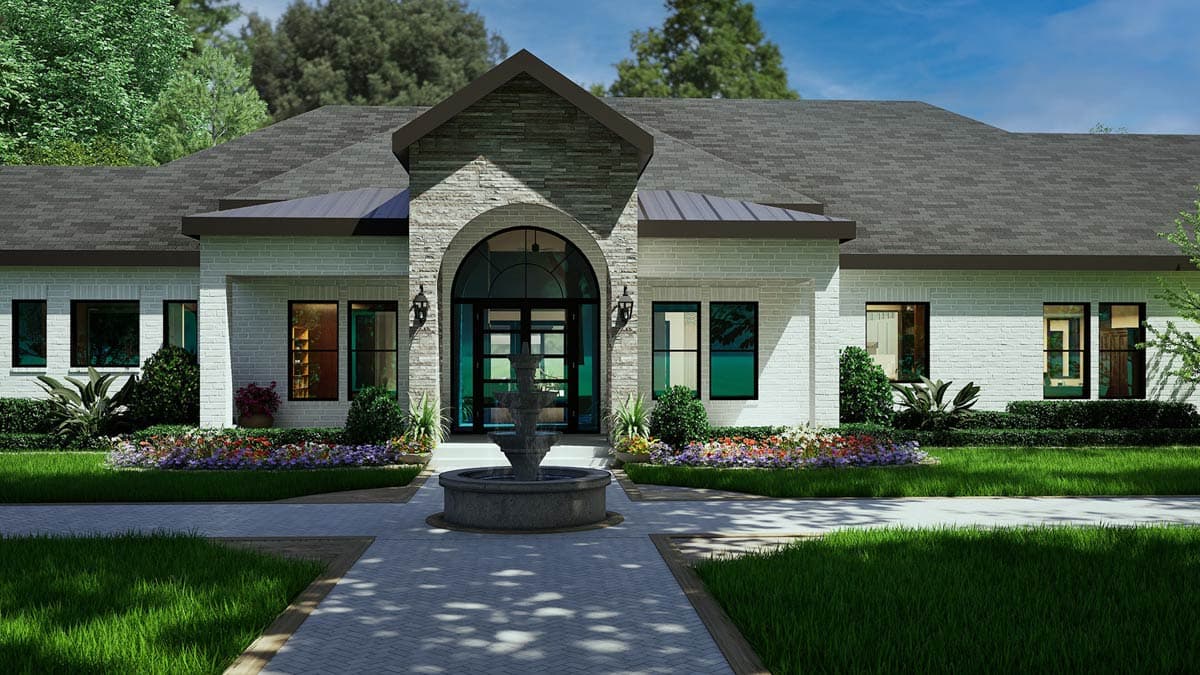 House plan exterior: Ranch style with white brick, arched entry, stone accents, dark metal roof, and fountain.