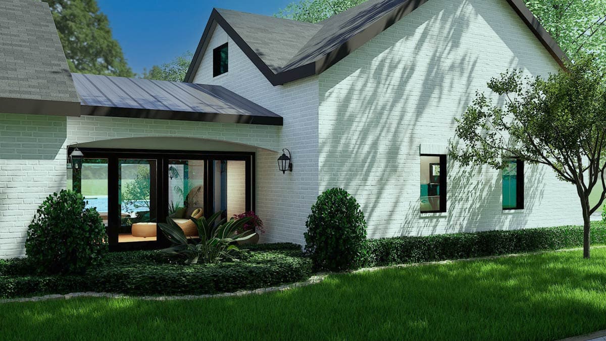 Modern Farmhouse house plan exterior featuring white brick, a metal roof, gabled dormer, and french doors.