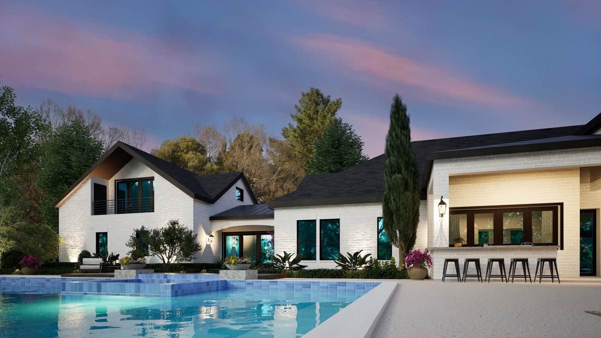 Modern house plan exterior with white brick, multiple gables, a second-story balcony, and an outdoor bar.