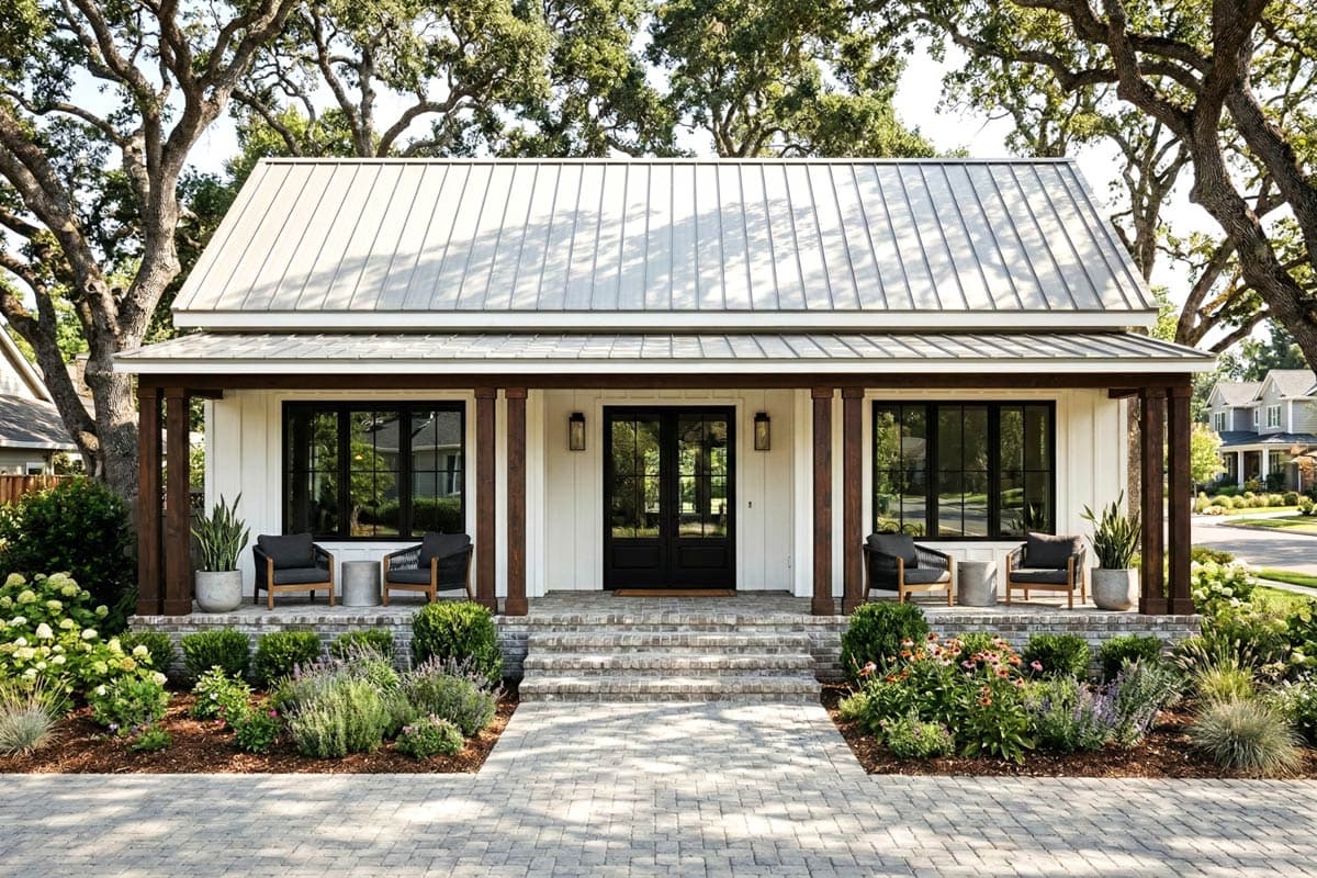 House plan exterior. Modern farmhouse style. Single-story with a covered porch, gabled roof, and black-framed windows and doors.