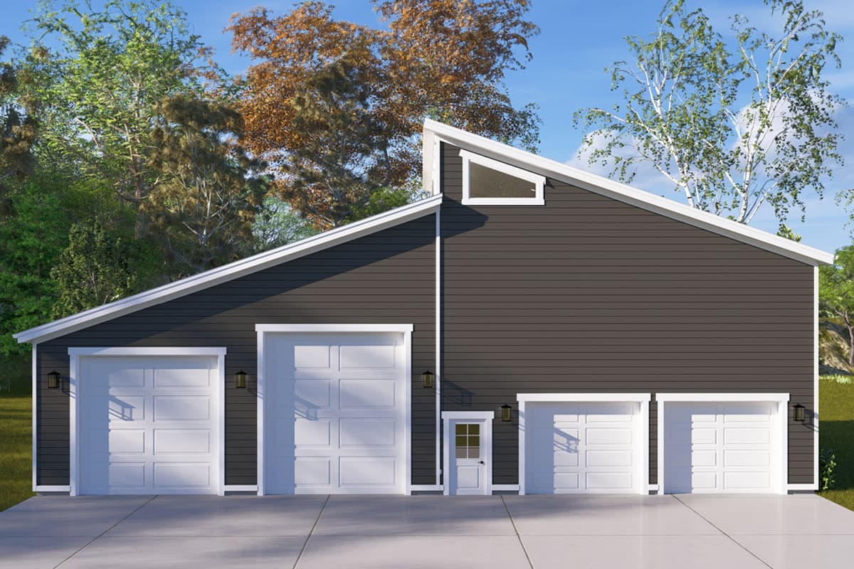 House plan exterior with modern style, featuring a shed roof, multiple garage bays, and small entry door. Includes a clerestory window.