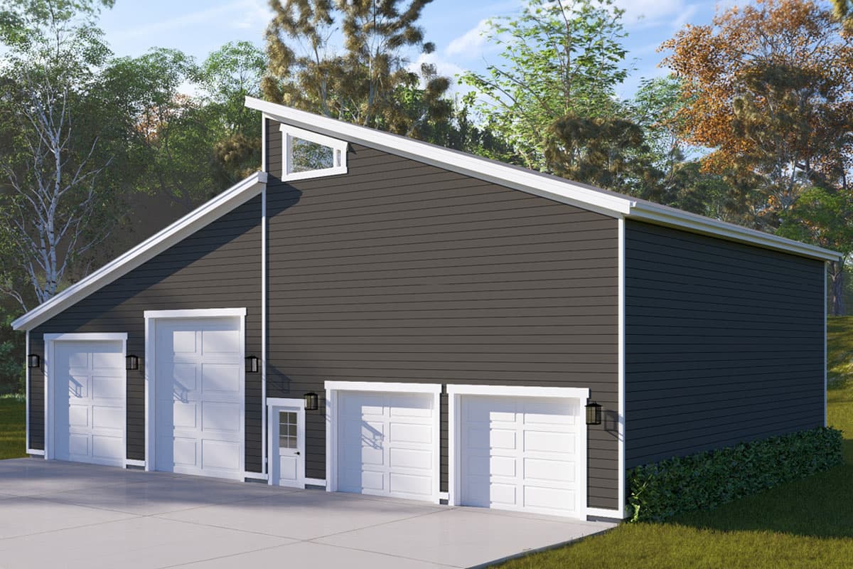 House plan exterior featuring a Modern Farmhouse style with a single story, asymmetric gable roof, five garage doors, and a triangular dormer window.