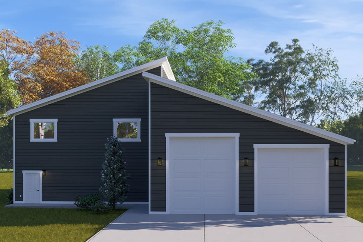 House plan exterior with a mono-pitch roof, two garage doors, one entry door, and two upper windows.